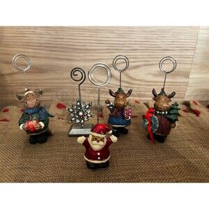 5 Card Holder Figurine|Christmas Decor| Picture Frame Moose Set Snowflake Santa